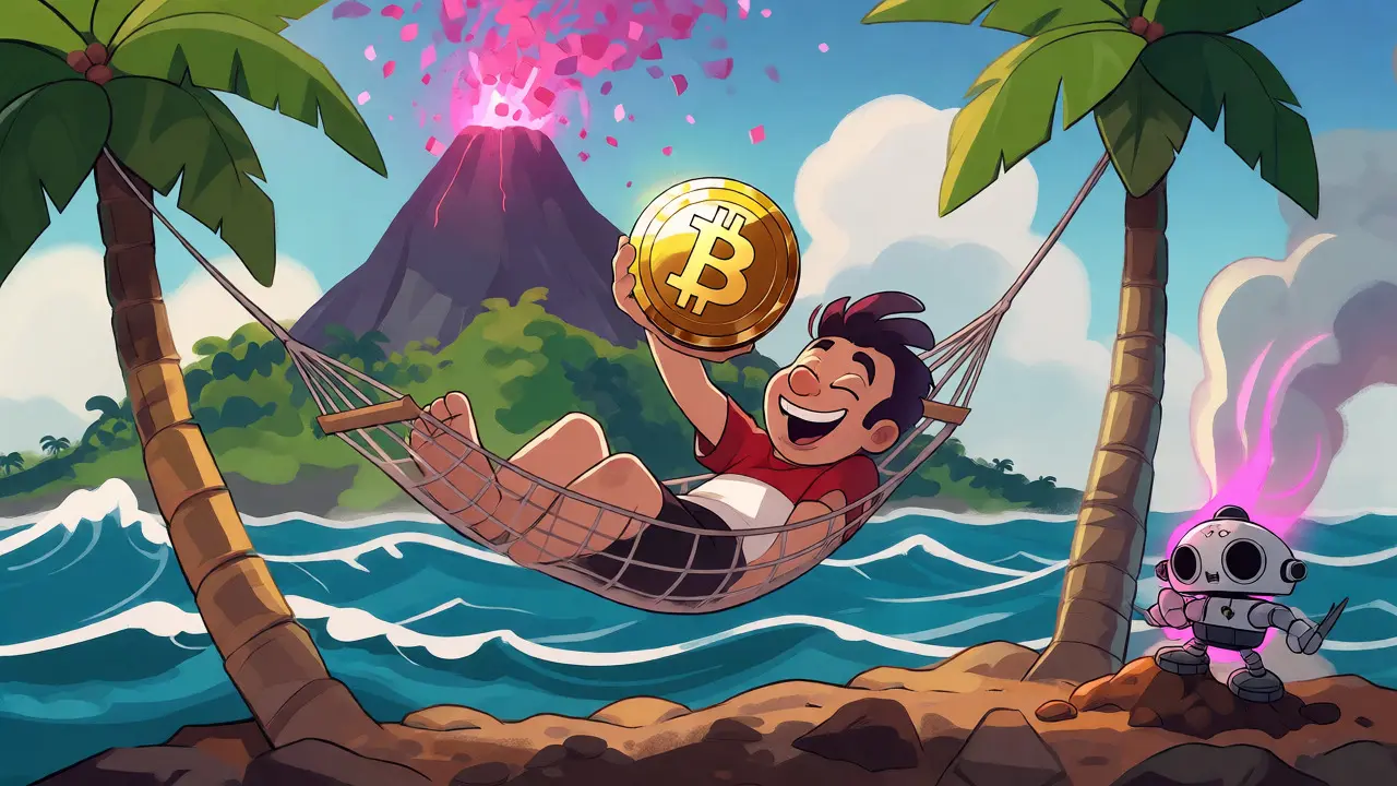 Relaxed investor in hammock with Bitcoin on El Salvador tropical island.