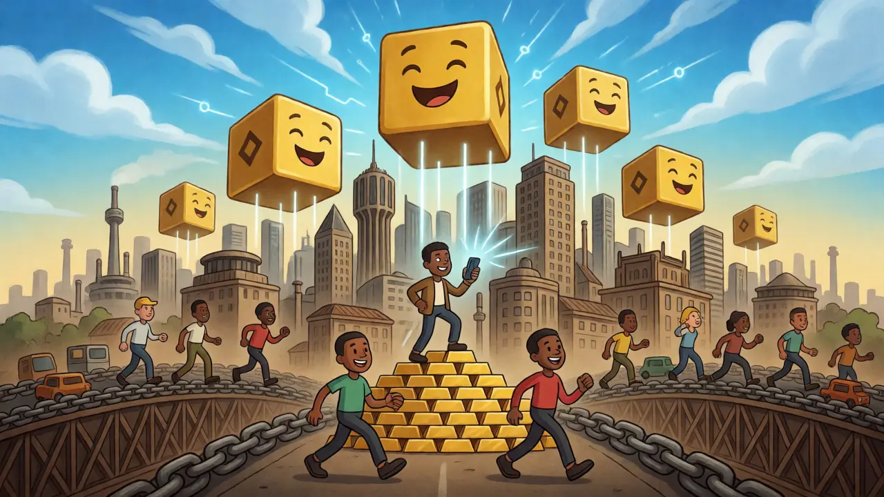 Retro-style cartoon of blockchain towers rising over a Nigerian city