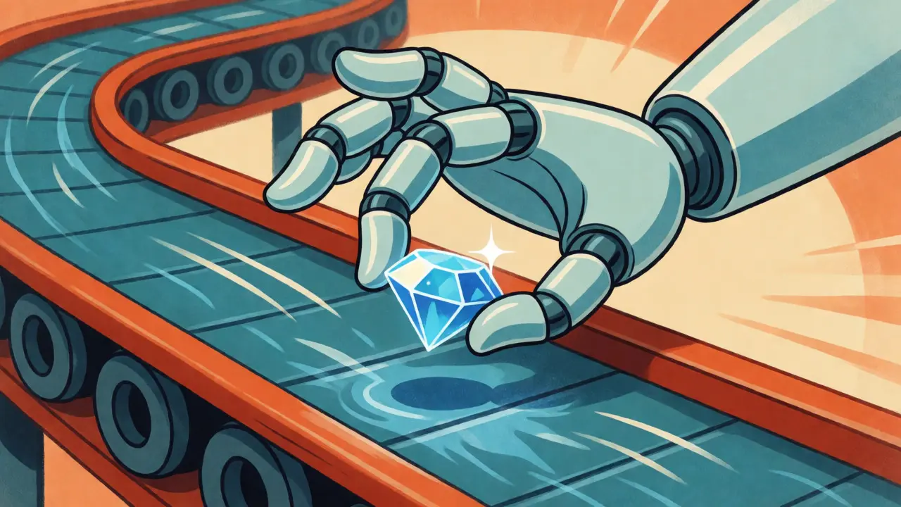 Robotic hand grabbing a blue gem from a conveyor belt in retro cartoon style.