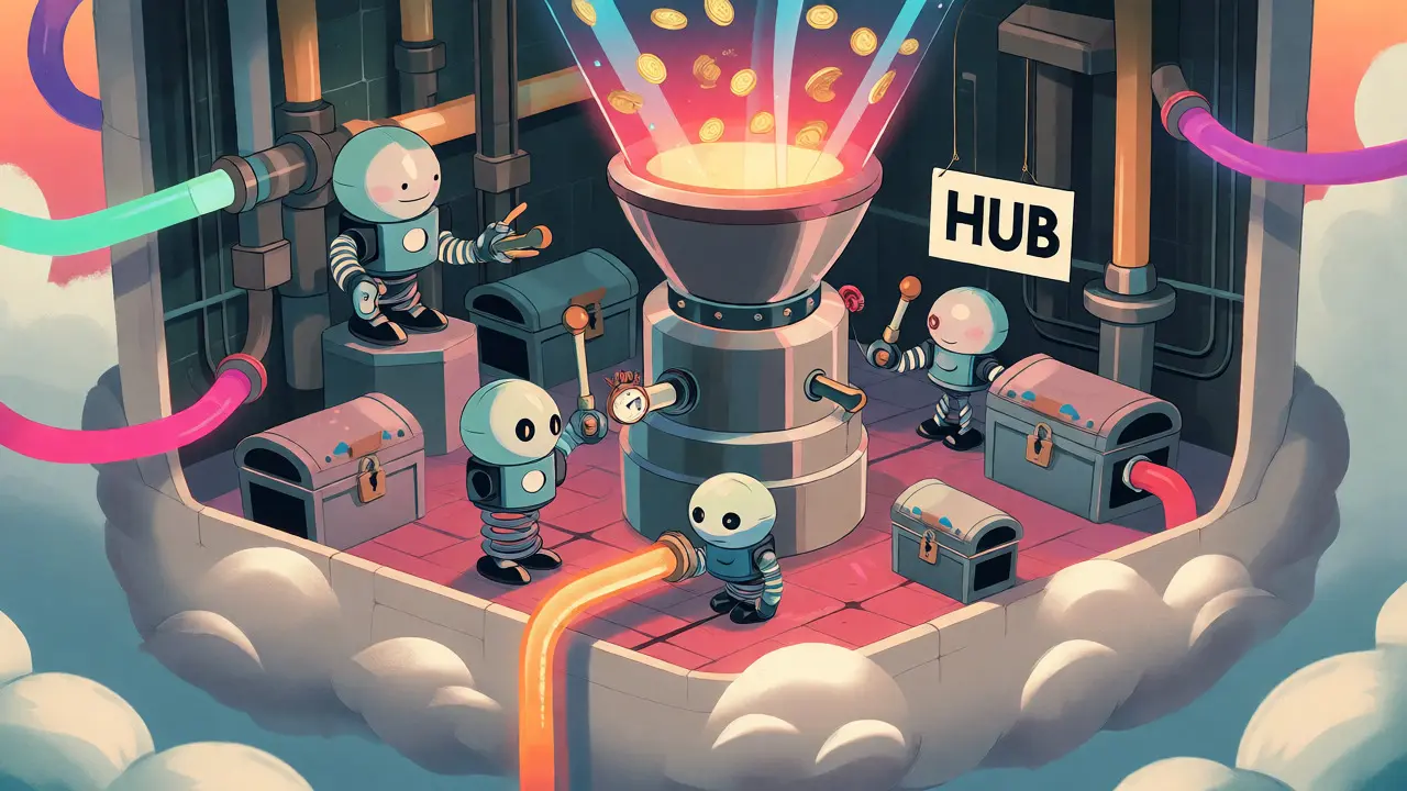 Robots operating a whimsical control room managing token flows in a cloud fortress.