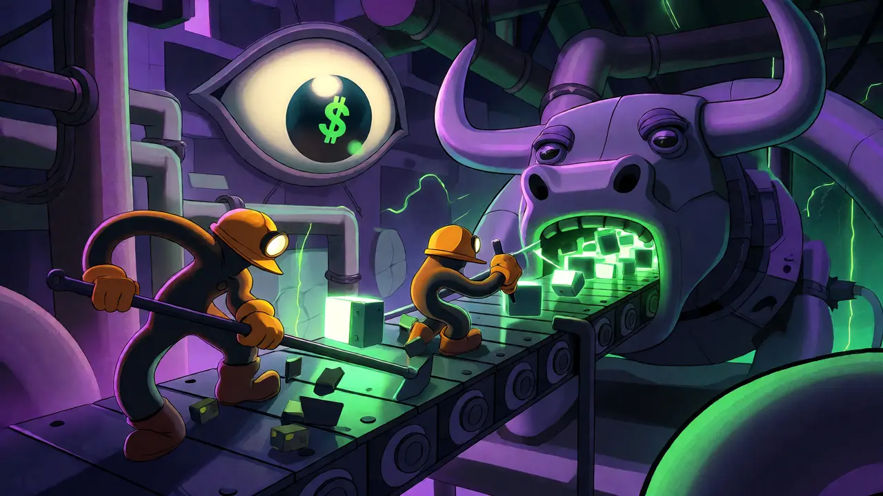 Rubber hose style miners feeding digital blocks to a mechanical bull