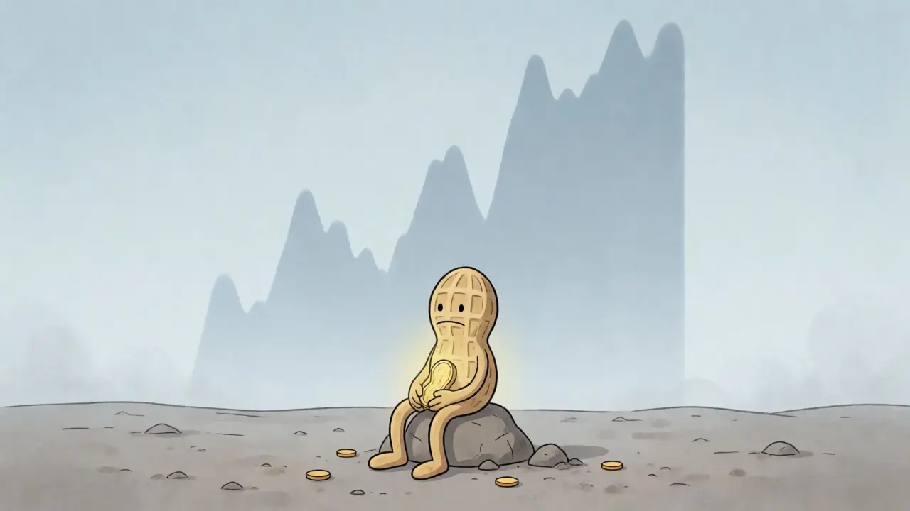 Sad cartoon peanut sitting on a rock with a broken token amidst a desolate market.