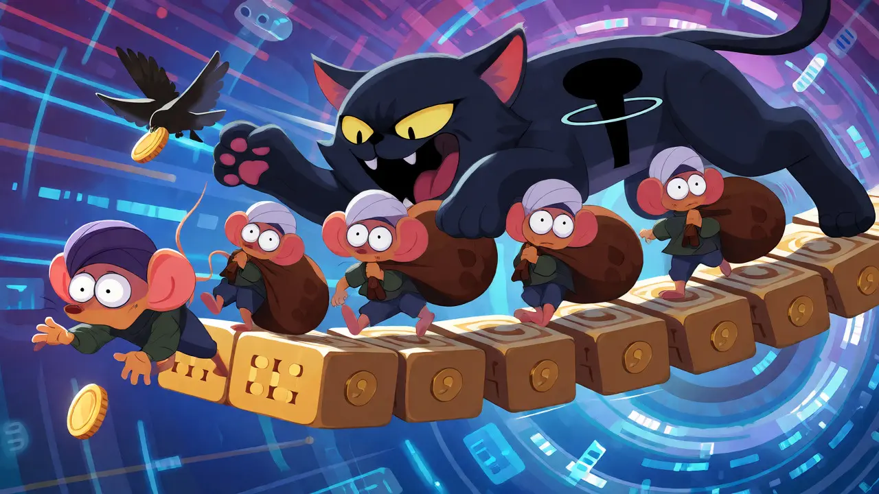 Sanctions as a cat chasing mice carrying coins across a fragile blockchain bridge.