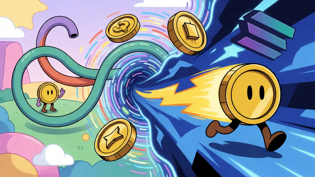 Split scene comparing old metaverse currency to fast Solana blockchain token