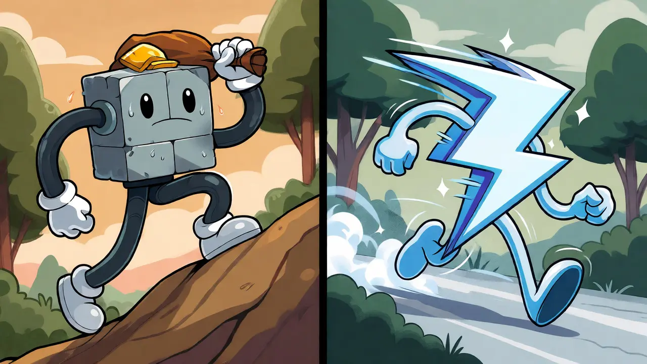 Split screen comparing a slow, steady block-robot to a fast, zipping lightning character in rubber hose art.