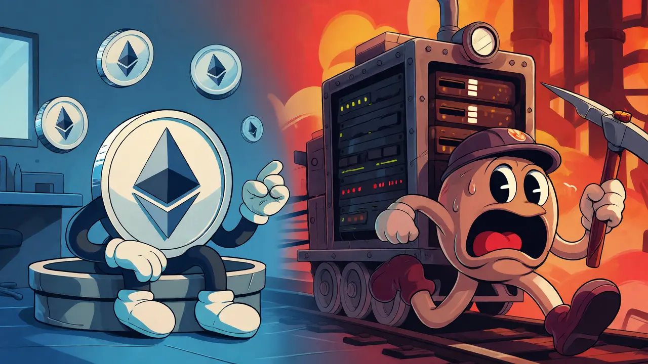 Split screen of an Ethereum staker and a frantic miner in rubber hose style.