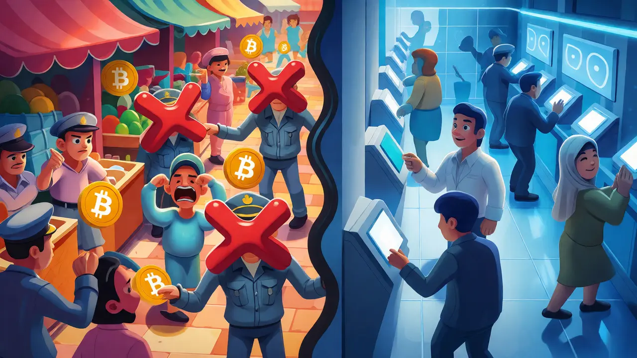 Split screen showing chaotic crypto market versus orderly Digital Rial system