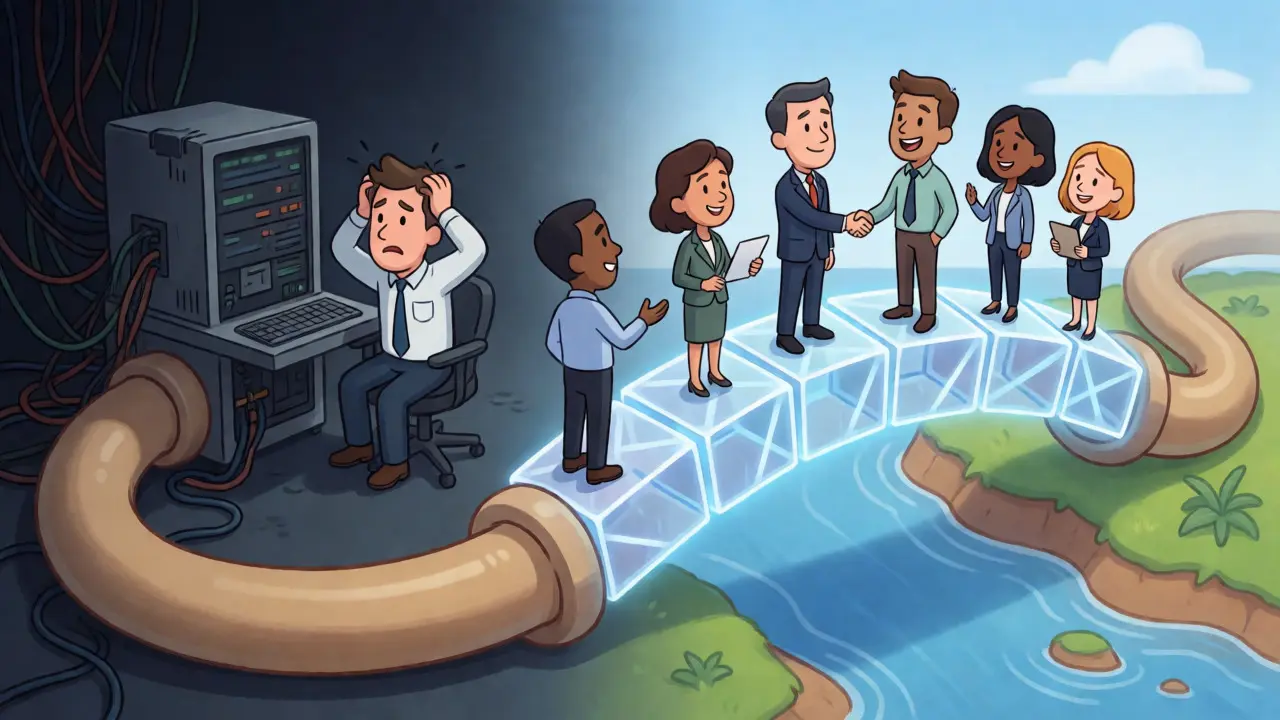 Split screen showing legacy system chaos versus blockchain collaboration