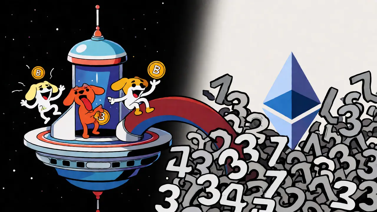 Split view of a cartoon space station and chaotic numbers representing blockchain fragmentation.