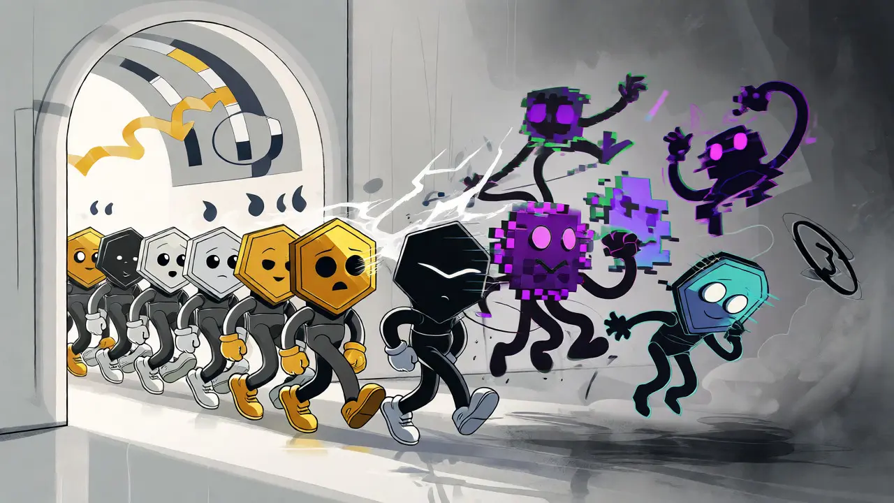 Split view of regulated crypto order versus chaotic DeFi freedom in cartoon style
