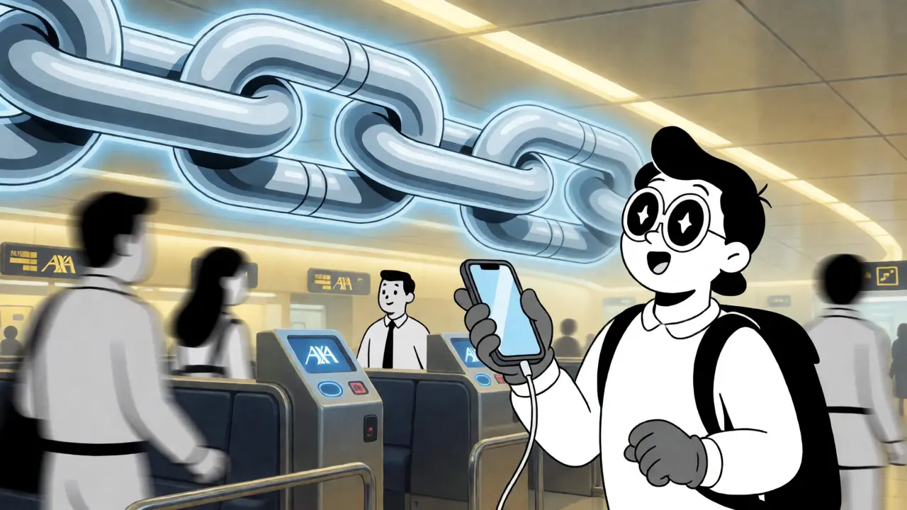 Traveler receiving instant payment via blockchain at an airport