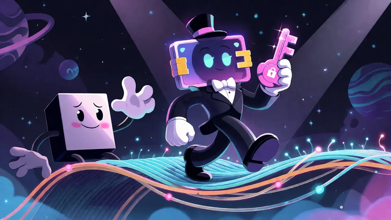 Tuxedo-wearing wallet crossing a bridge away from exchange