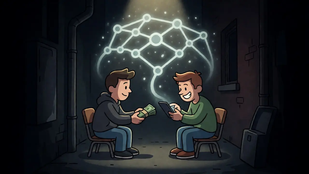 Two cartoon figures exchanging cash for crypto in a secret underground alley.