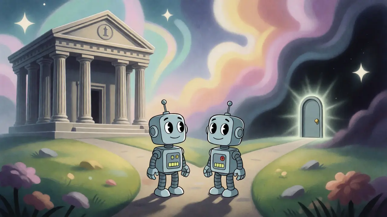 Two cartoon robots choosing paths near a glowing door in vintage animation style.