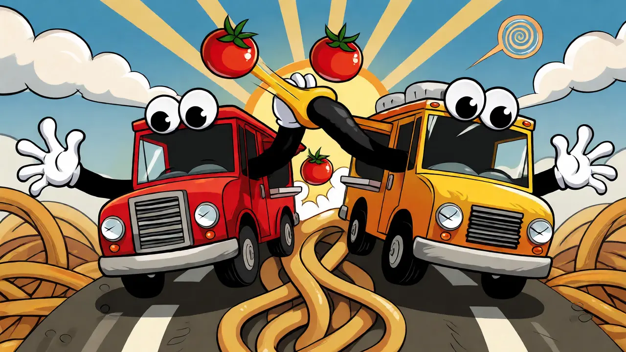 Two food trucks battling in a rubber hose style race