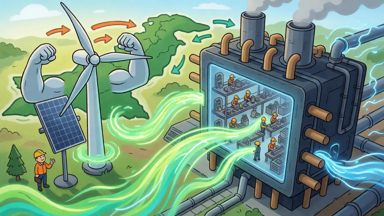 Wind and solar characters powering a crypto mining factory in a stylized Pakistan