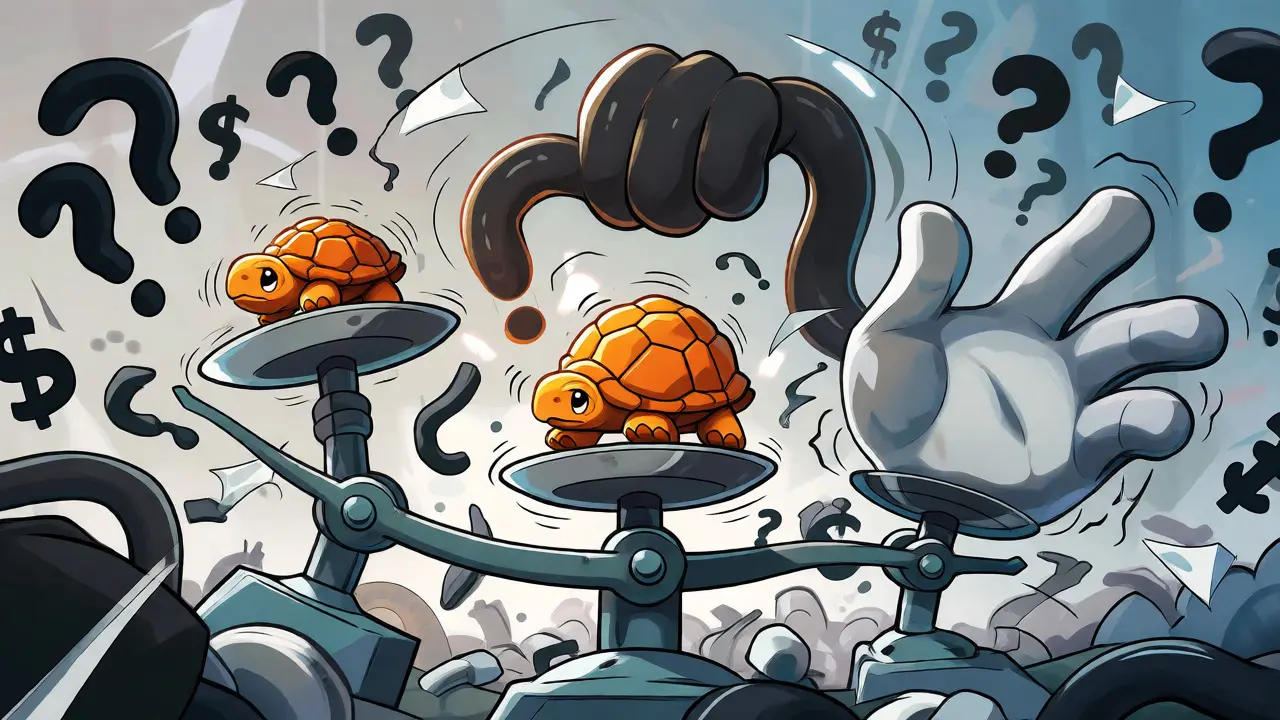 Wobbly scales balancing a turtle against empty space, showing price chaos.