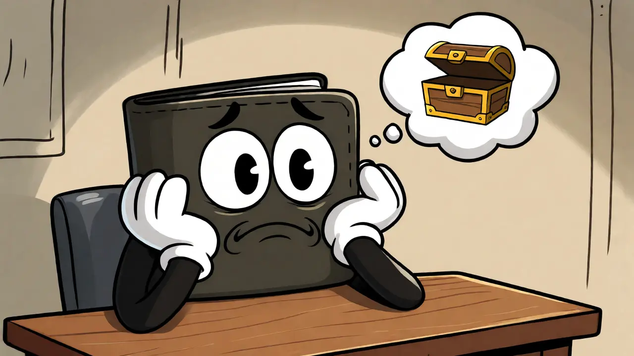 Worried cartoon wallet character thinking about an empty treasure chest