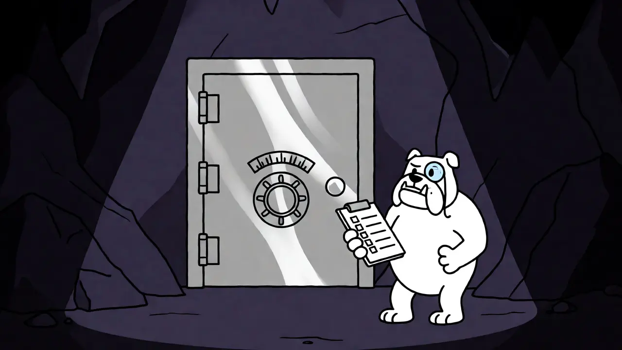 A cartoon bulldog guarding a secure vault in a dark cave, symbolizing limited transparency and audits.