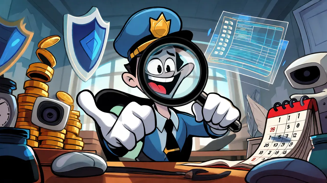 A compliance officer juggling security tools and audits in a cartoon office.