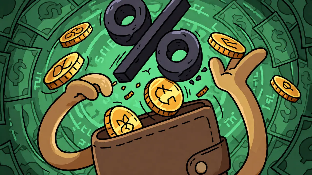 A wallet struggling to hold slipping coins under a heavy percentage sign in cartoon style.