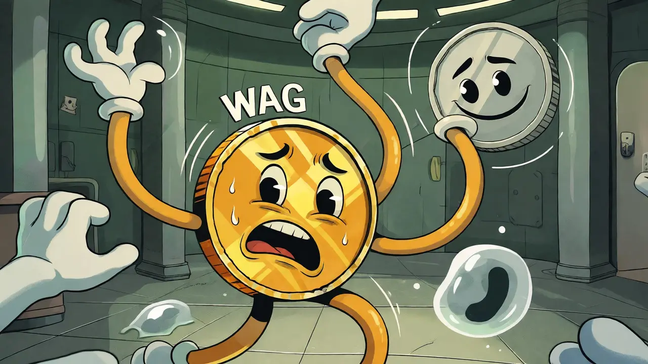 An anxious golden coin character flailing amidst popping liquidity bubbles.