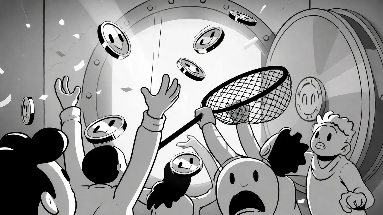Animated characters catching falling NYM tokens with a net in a celebratory scene.