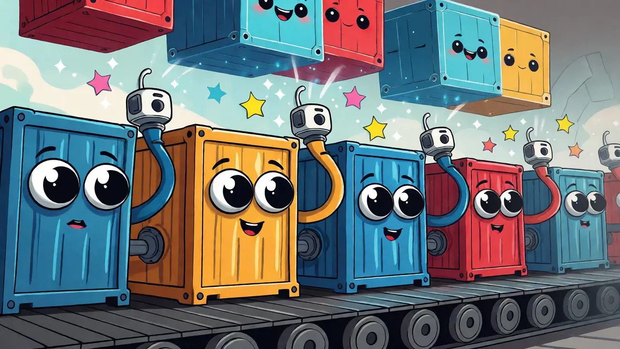 Anthropomorphic containers sending data to a glowing blockchain cube