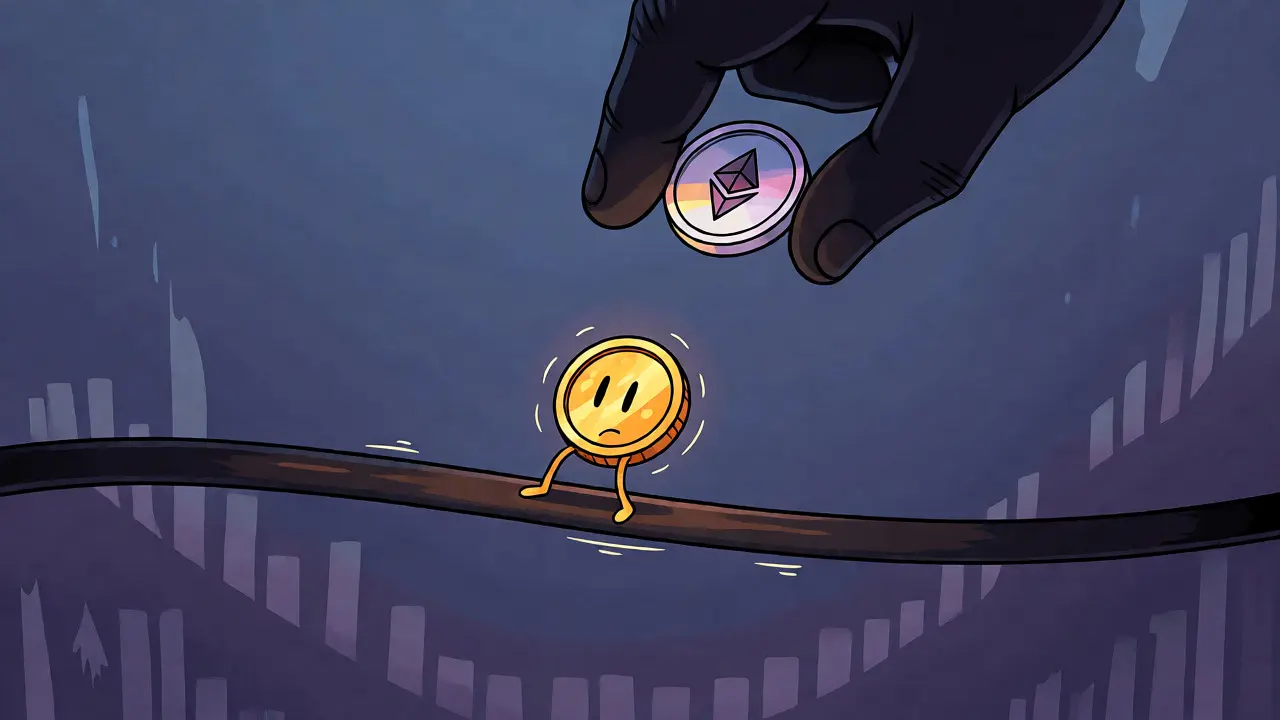 Anxious cartoon OpalCoin facing low liquidity and market risk