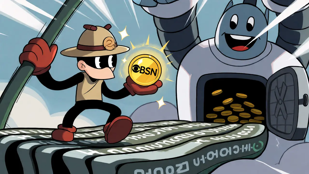 Cartoon adventurer catching glowing CBSN coins near a friendly robot mascot
