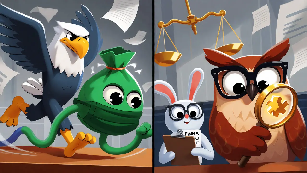 Cartoon animals representing DOJ and SEC enforcing crypto rules