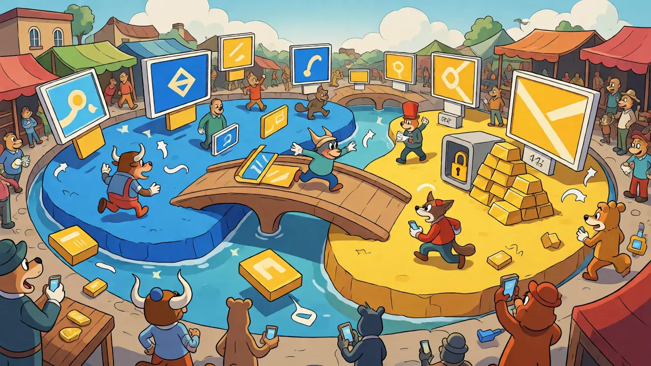 Cartoon animals transferring assets across a bridge in a digital marketplace.