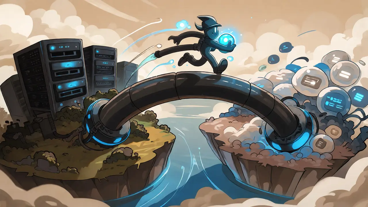 Cartoon character crossing a bridge between server and cloud islands