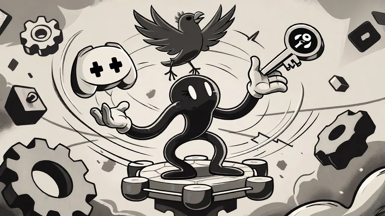 Cartoon character juggling social media icons on a node platform for airdrop tasks.