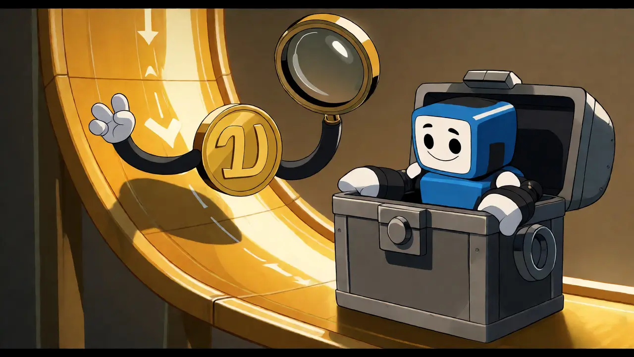 Cartoon coin sliding into a secure vault guarded by a friendly robot, symbolizing safe low-fee trading.