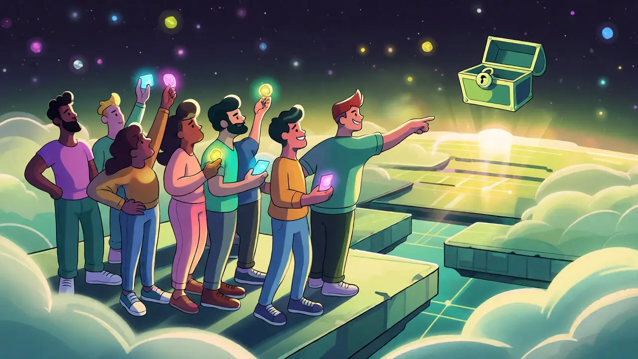 Cartoon community members on a platform anticipating future rewards