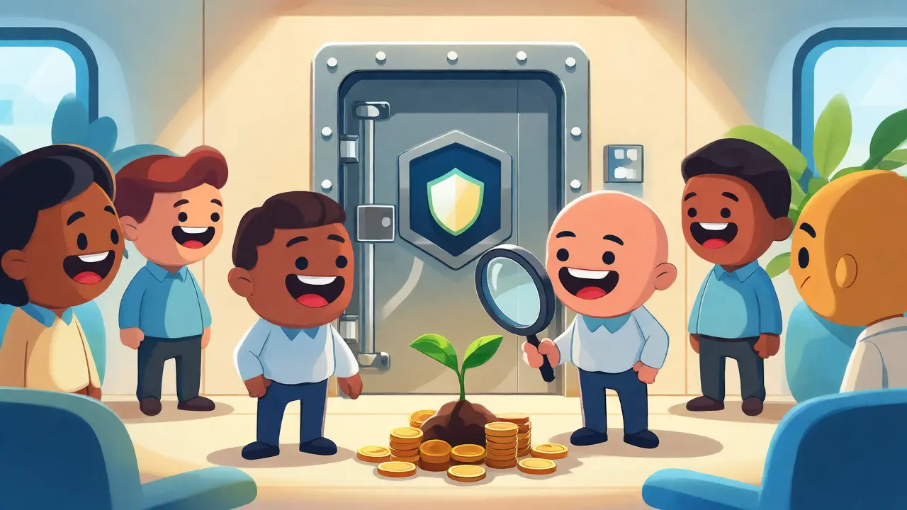 Cartoon figures examining a sprouting coin pile near a secure vault