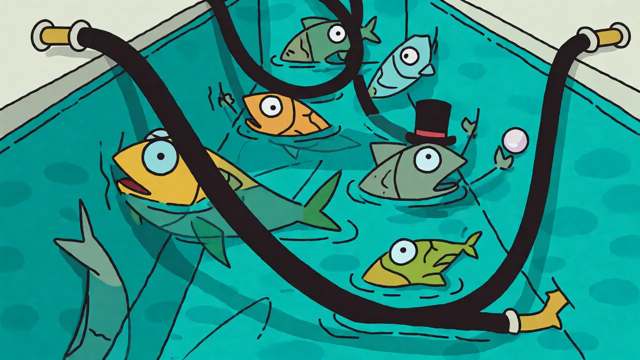 Cartoon fish struggling to swim in a tiny pool, illustrating low liquidity and trading slippage.
