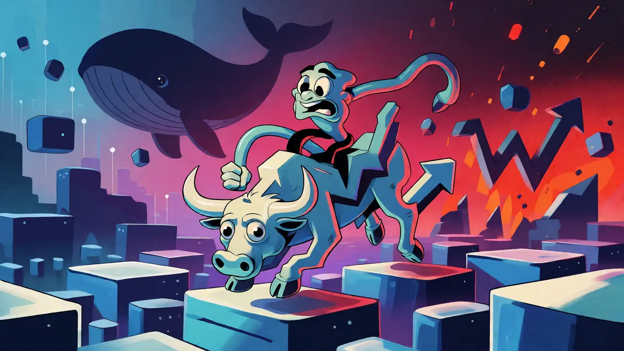 Cartoon investor riding volatile price chart on blockchain nodes