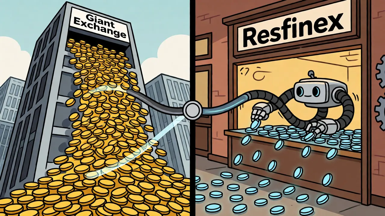 Cartoon robot sorting tokens in a boutique exchange versus a giant skyscraper.