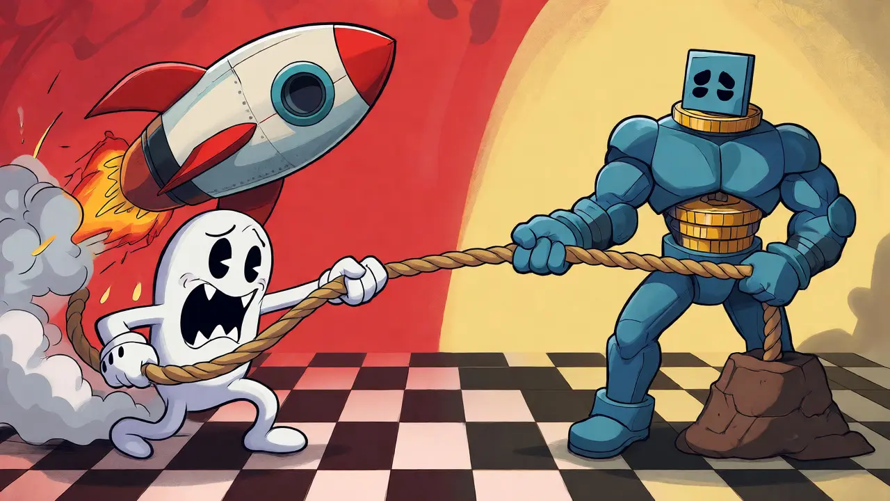 Cartoon tug-of-war between a jittery ghost and an anchored token robot.