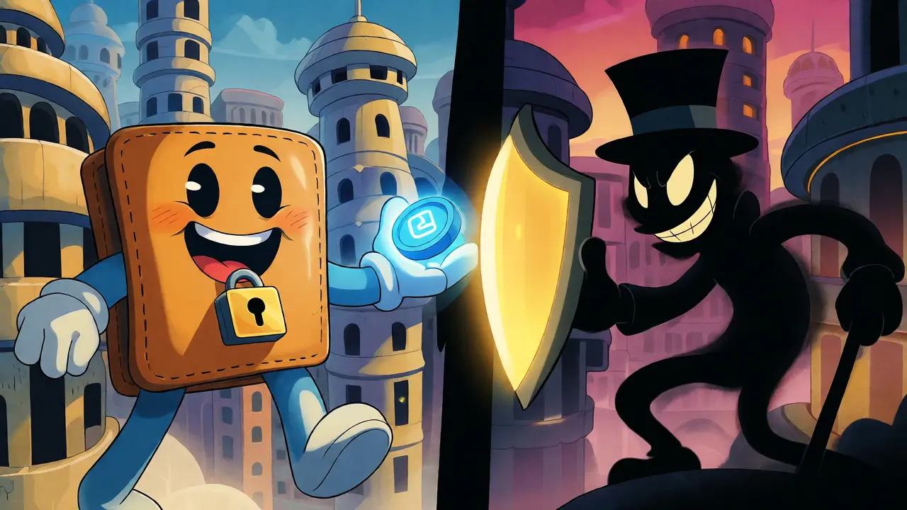 Cartoon wallet receiving tokens while a shadowy scam figure is blocked by a shield