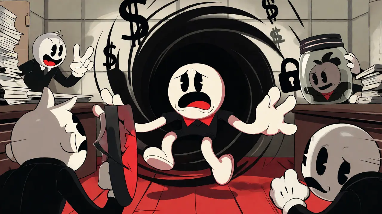 Chaotic cartoon scene showing traders losing funds to a black hole of security breaches.