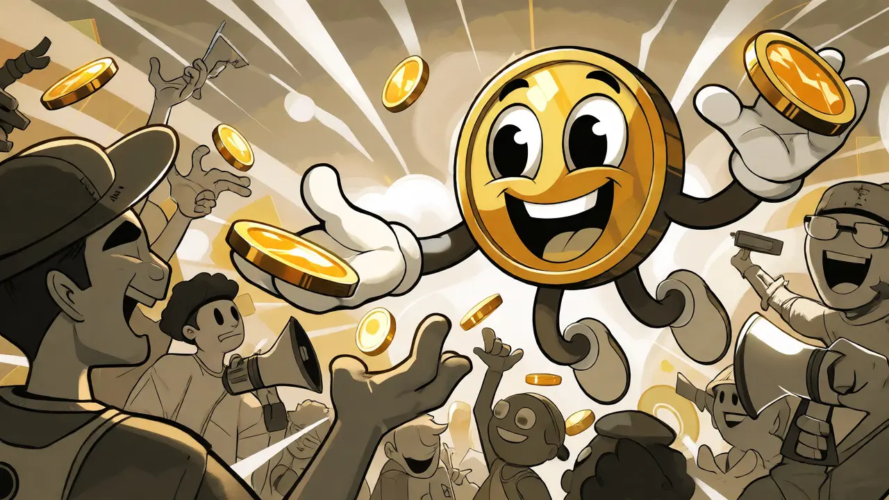 Cheerful cartoon token character distributing golden coins to an enthusiastic crowd.