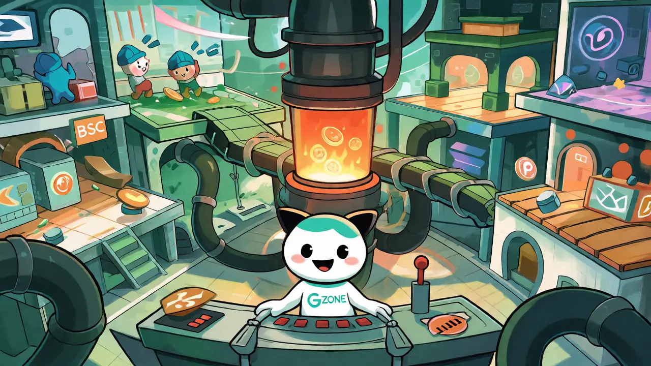 GameZone ecosystem depicted as a colorful arcade with staking mechanics