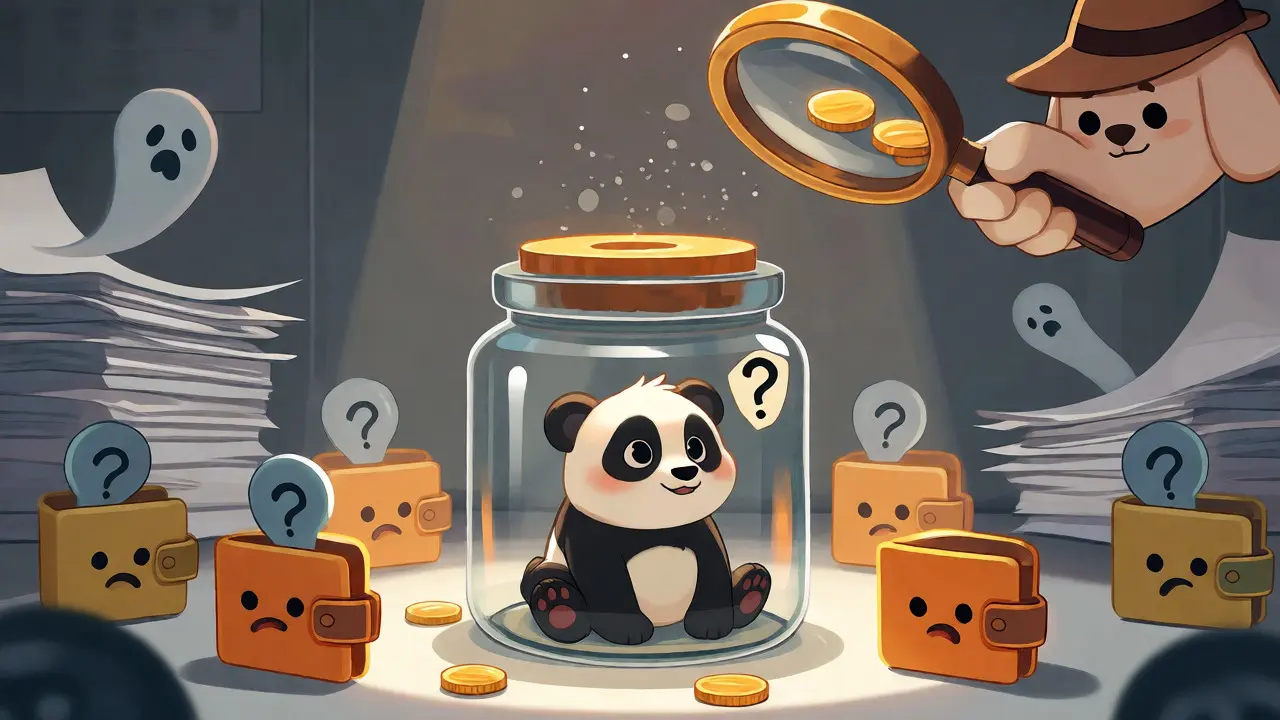 Illustration of a sad panda in a jar surrounded by empty wallets, symbolizing unverified charity claims.