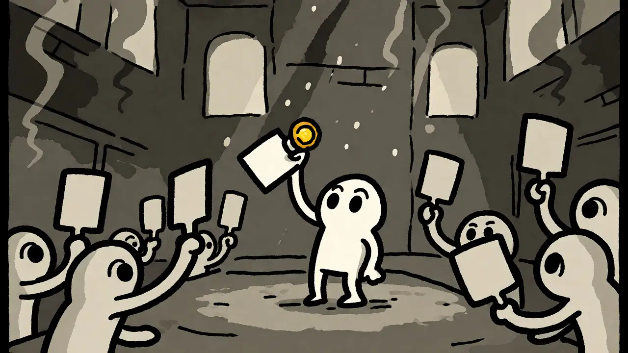 Isolated cartoon figures voting in an empty, dusty room with a tiny token.