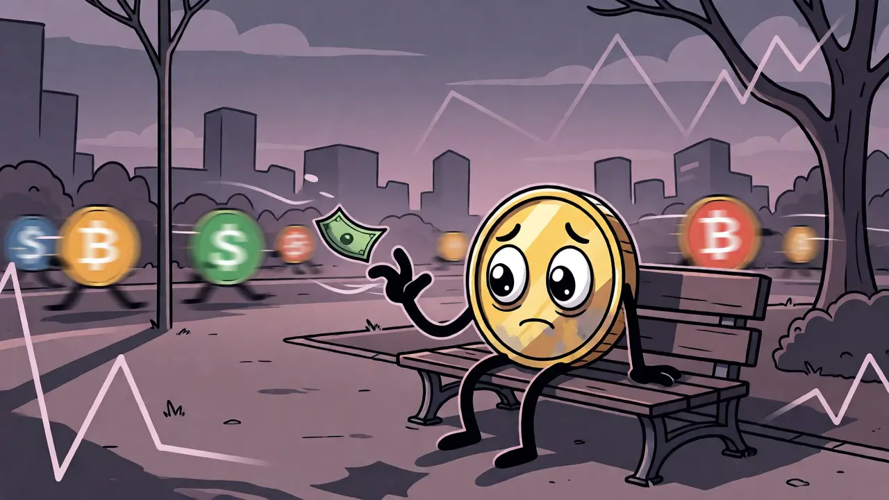Lonely cartoon RES token character sitting on a bench with a sad expression.