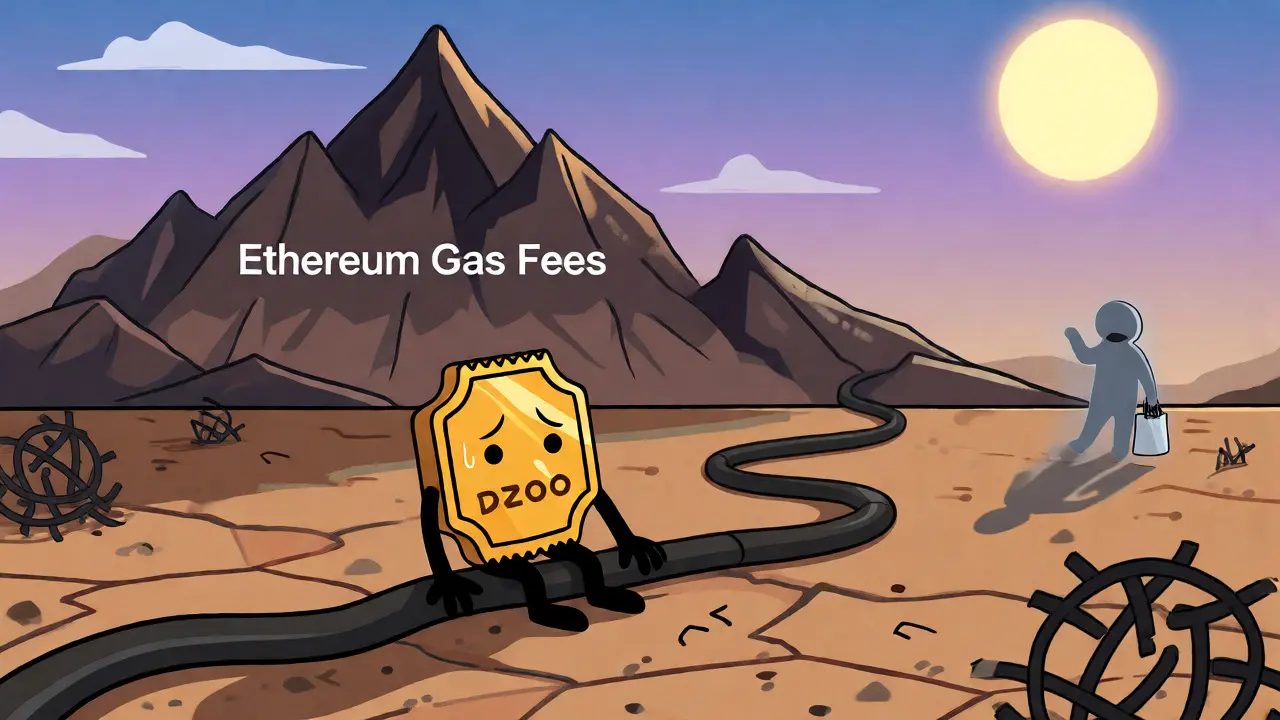 Lonely DZOO token character in a desert landscape facing giant gas fee mountains and ghost traders.