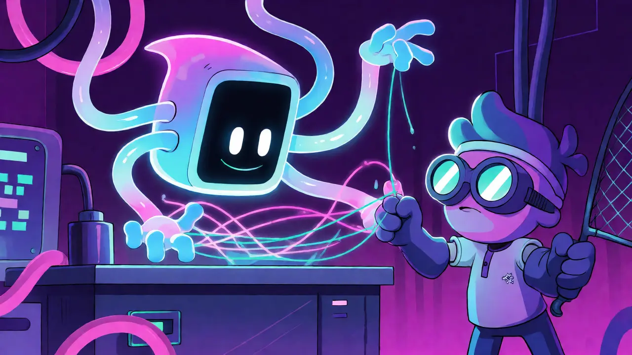 Quantum entity tangling threads while developer watches in lab